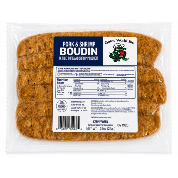 Gator World Pork & Shrimp Boudin 2 lb Pack Gator World pork and shrimp boudin 2 lb Louisiana Cajun seafood sausage